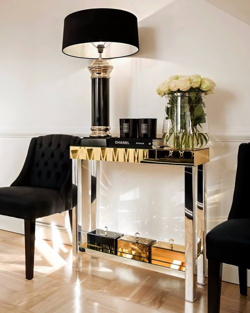 Konsola lustrzana złota z półką stelaż chrom Brooklyn II Gold