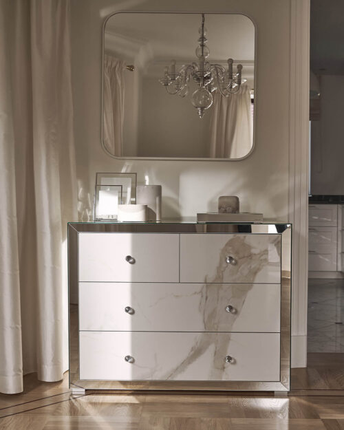 Mirror dresser with sintered quartz fronts Laminam X Greenwich Marble